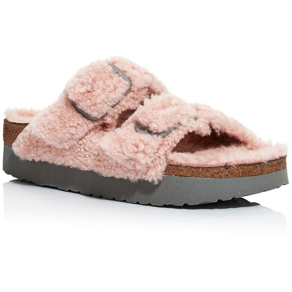 Birkenstock Arizona Big Buckle Shearling Slide Sandal Teddy Crystal Rose Size 38 - Picture 1 of 9